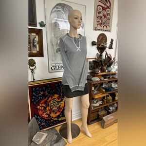 Grey Raglan Top with White Thread Trim